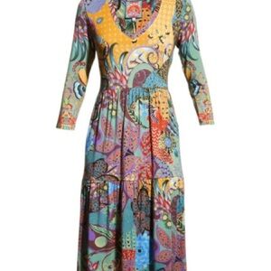Johnny Was EUC Vibrant midi dress floral & abstract patterns. V-neck 3/4 sleeves